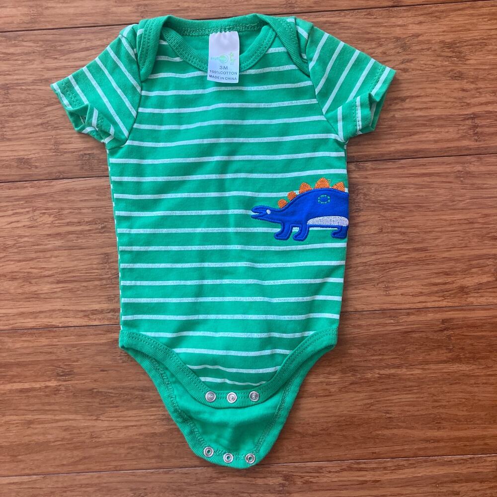 Green Striped Dinosaur Onesie, Size 3M